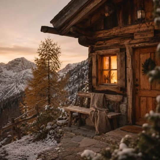 Berghütte im Schnee bei Dämmerung