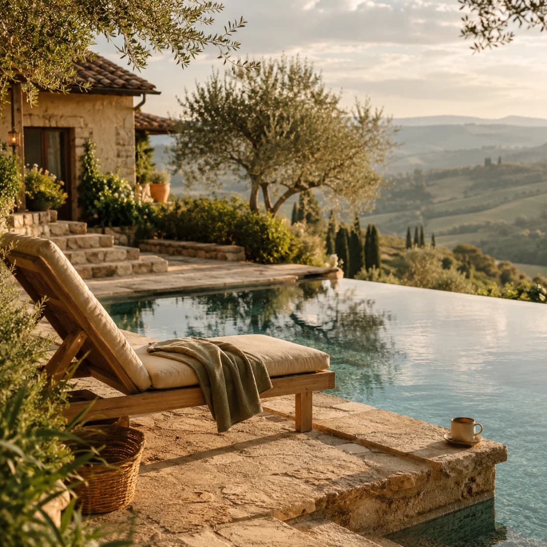 Pool-Villa in der Toskana bei Abendlicht