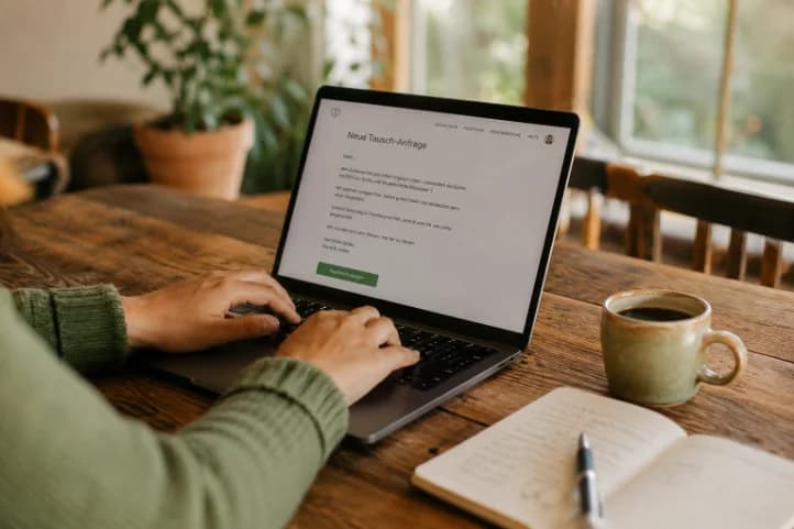 Laptop mit einer Tausch-Anfrage auf einem Holztisch