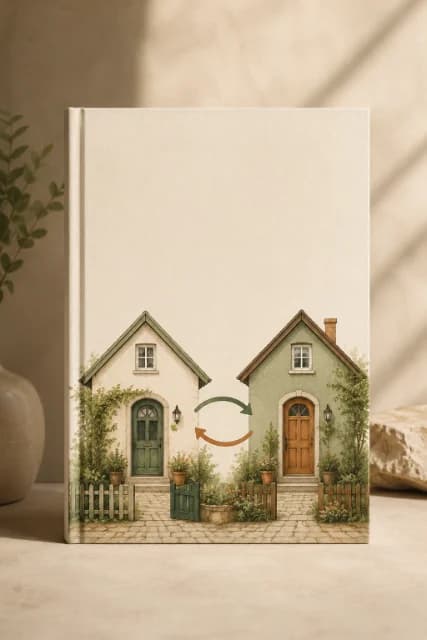 Buchcover »Mein Haus, dein Haus« — zwei kleine Häuser mit Tausch-Pfeilen