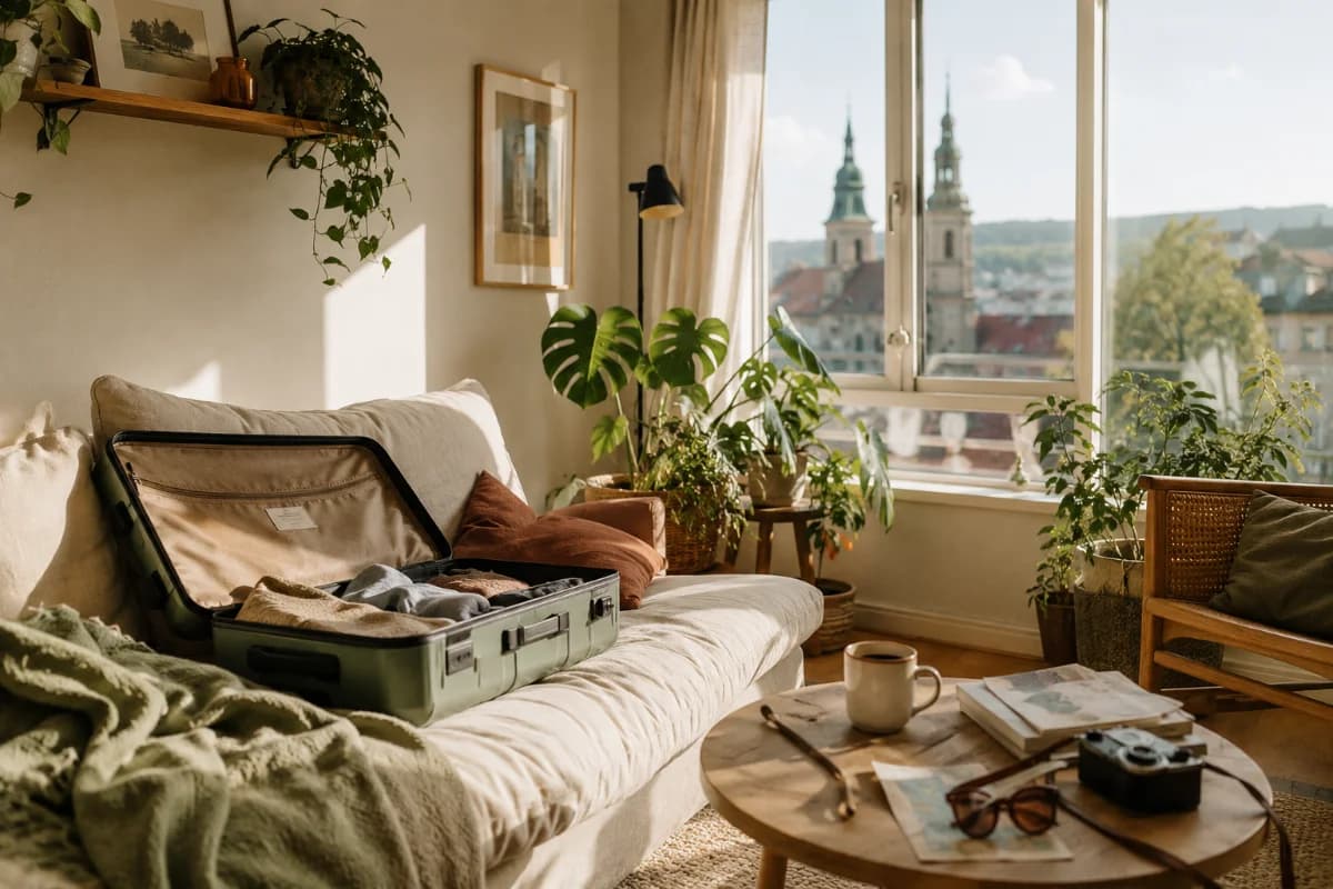 Gepackter Koffer auf dem Sofa einer hellen Stadtwohnung